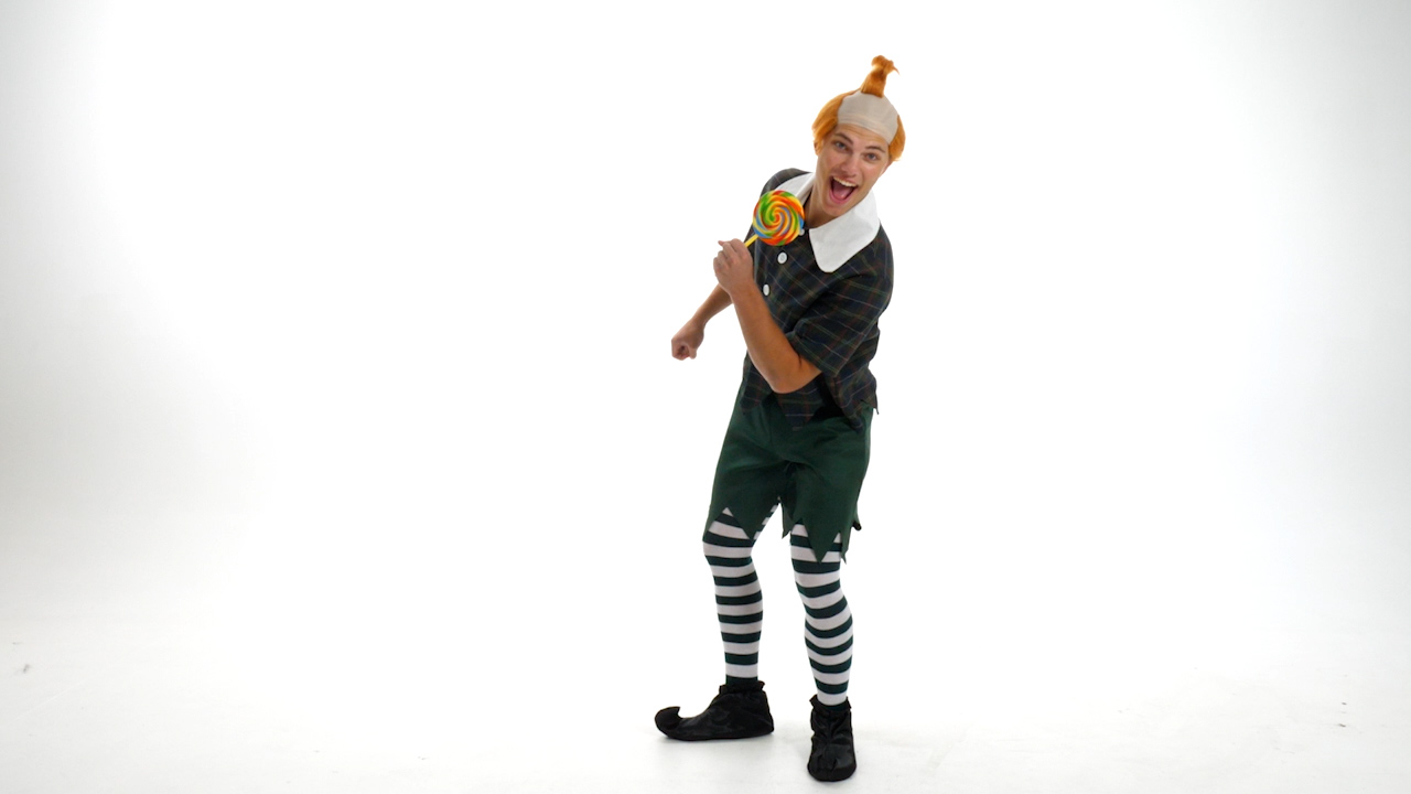 This adult green Munchkin costume is a funny costume to wear for Halloween.  Pair with the red Munchkin costume for a great group idea- the Lollipop Guild!
